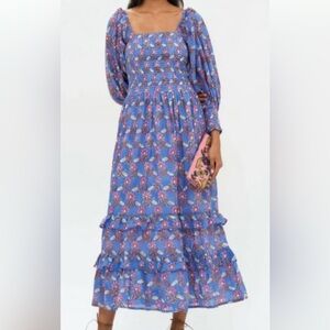 Oliphant Blue Pink Ruffled Tiered Wrap Dress